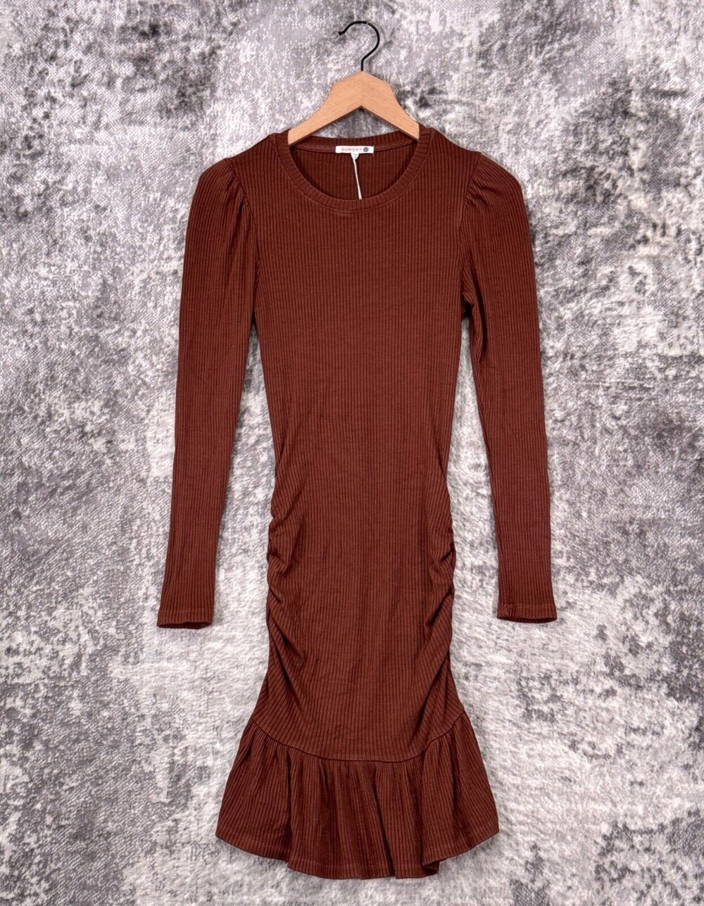 New Sundry Dress 0 / US XS Womens Brown Ribbed Long Sleeve Drop Waist Mini